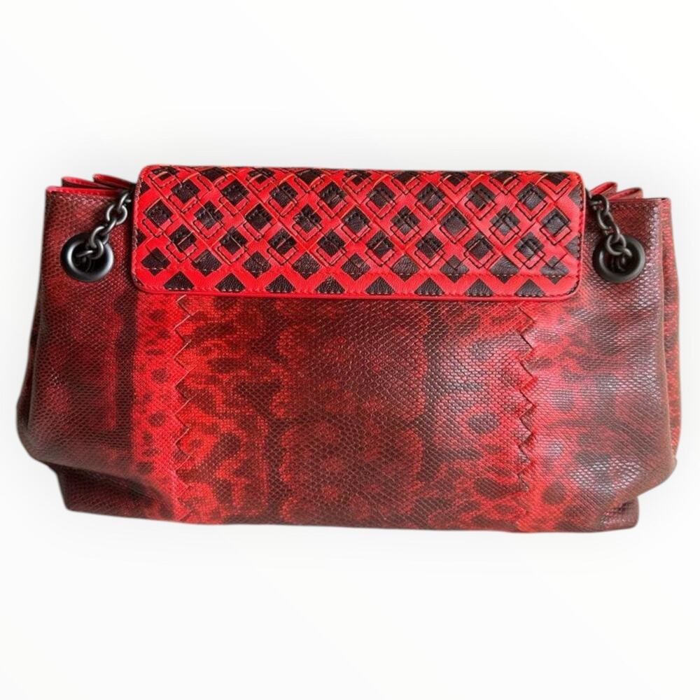 Python Leather Red Shoulder Bag With Chain Strap - Picture 10 of 12